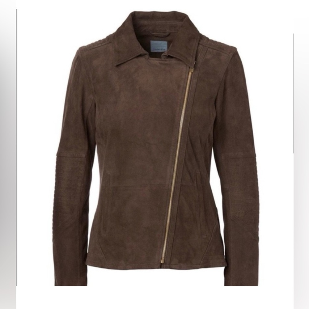 Like New Athleta Helena Suede Moto Jacket Dark Taupe size medium - Picture 2 of 12